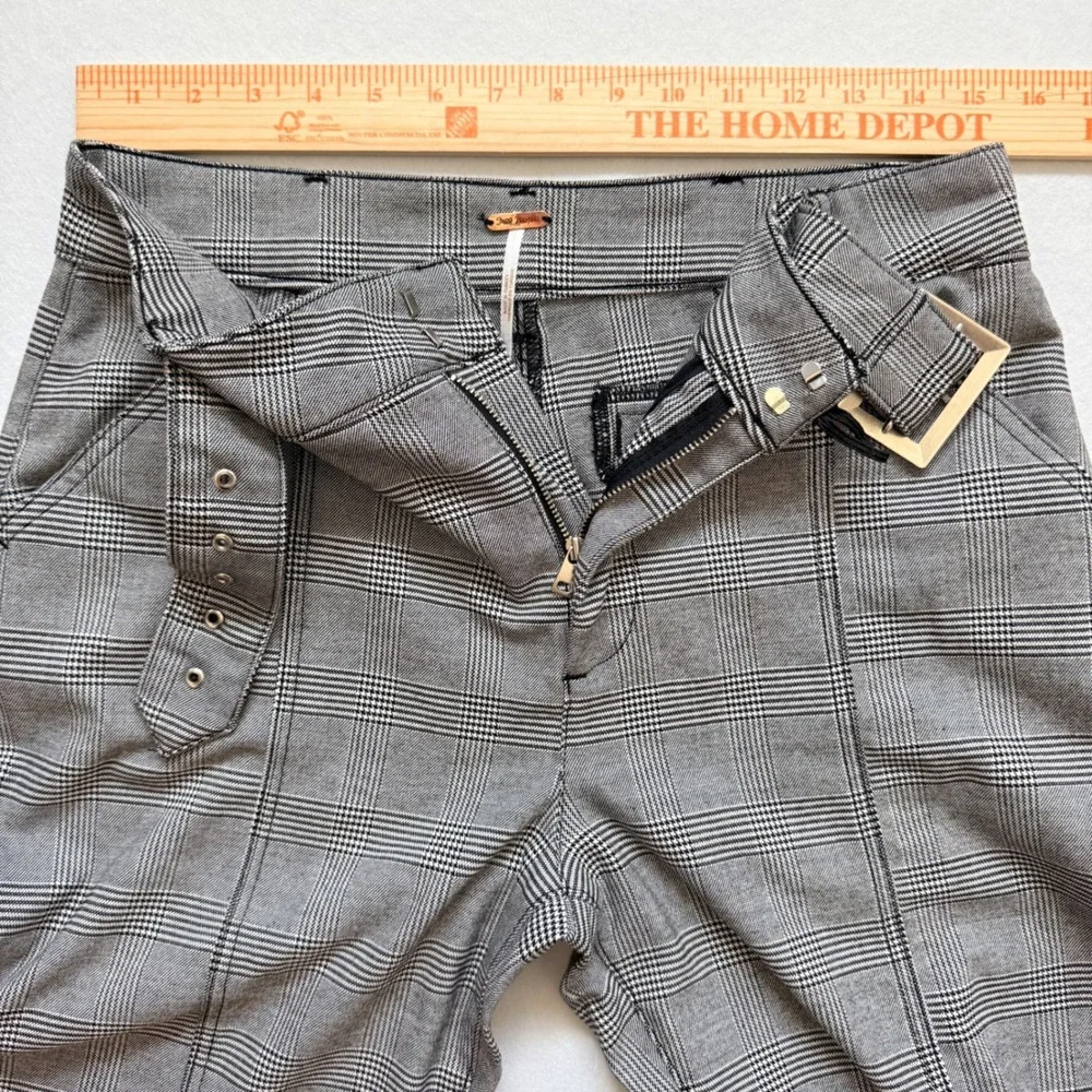 Free‎ People High Rise Grey Trousers Pants Size 10 Glen Plaid Belted Slim Preppy